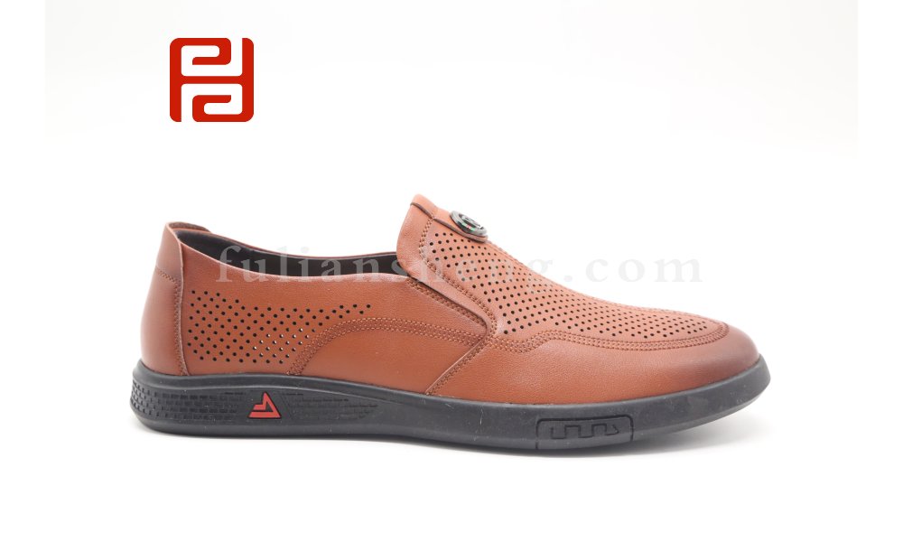 福連升夏季休閑商務(wù)男鞋棕色黑色打孔透氣舒適套腳鞋圖片